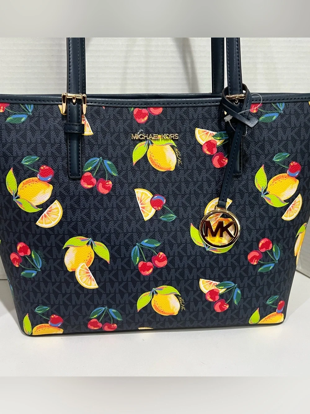 Michael Kors Jet Set Tote Bag Lemon and Cherry Print Navy NWT